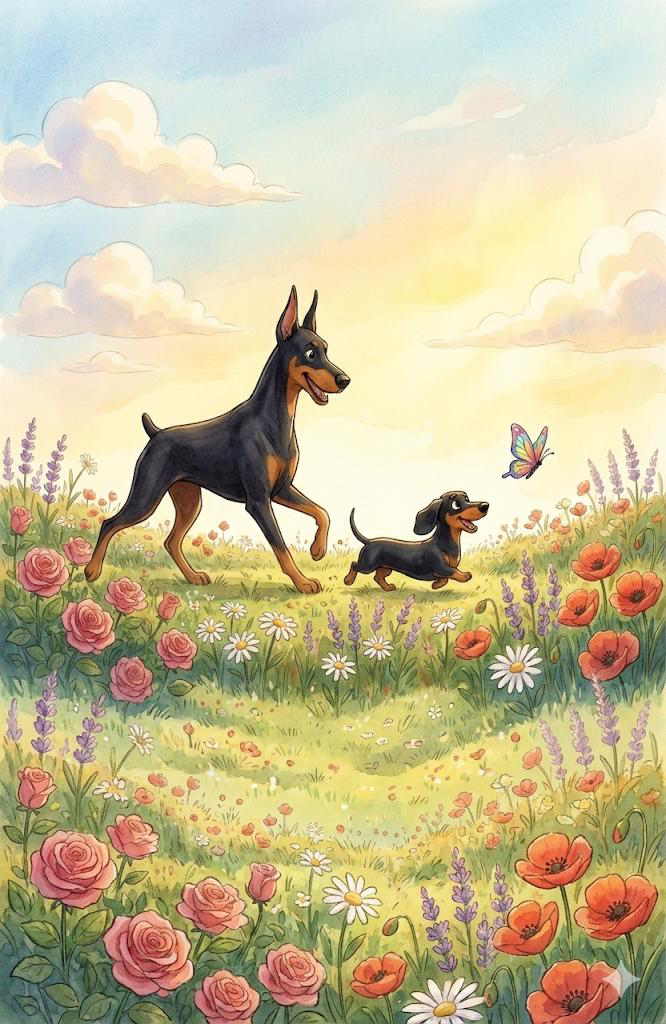 Carla rennt mutig wie ein Dobermann durch die Blumenwiese